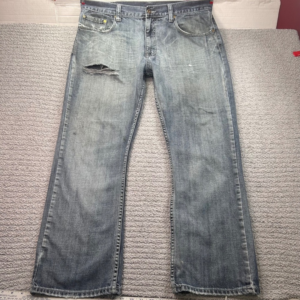 Flypaper Jeans Boot Cut Distressed Blue 36x30 Y2K Grunge Streetwear Skater Punk